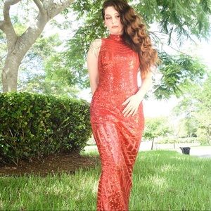 Long red glitter prom dress